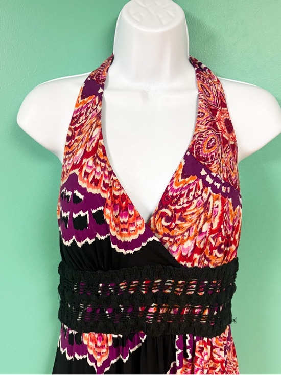 Bisou Bisou Pink & Black Floral Boho Halter Maxi Dress Womens 12 - Picture 3 of 9